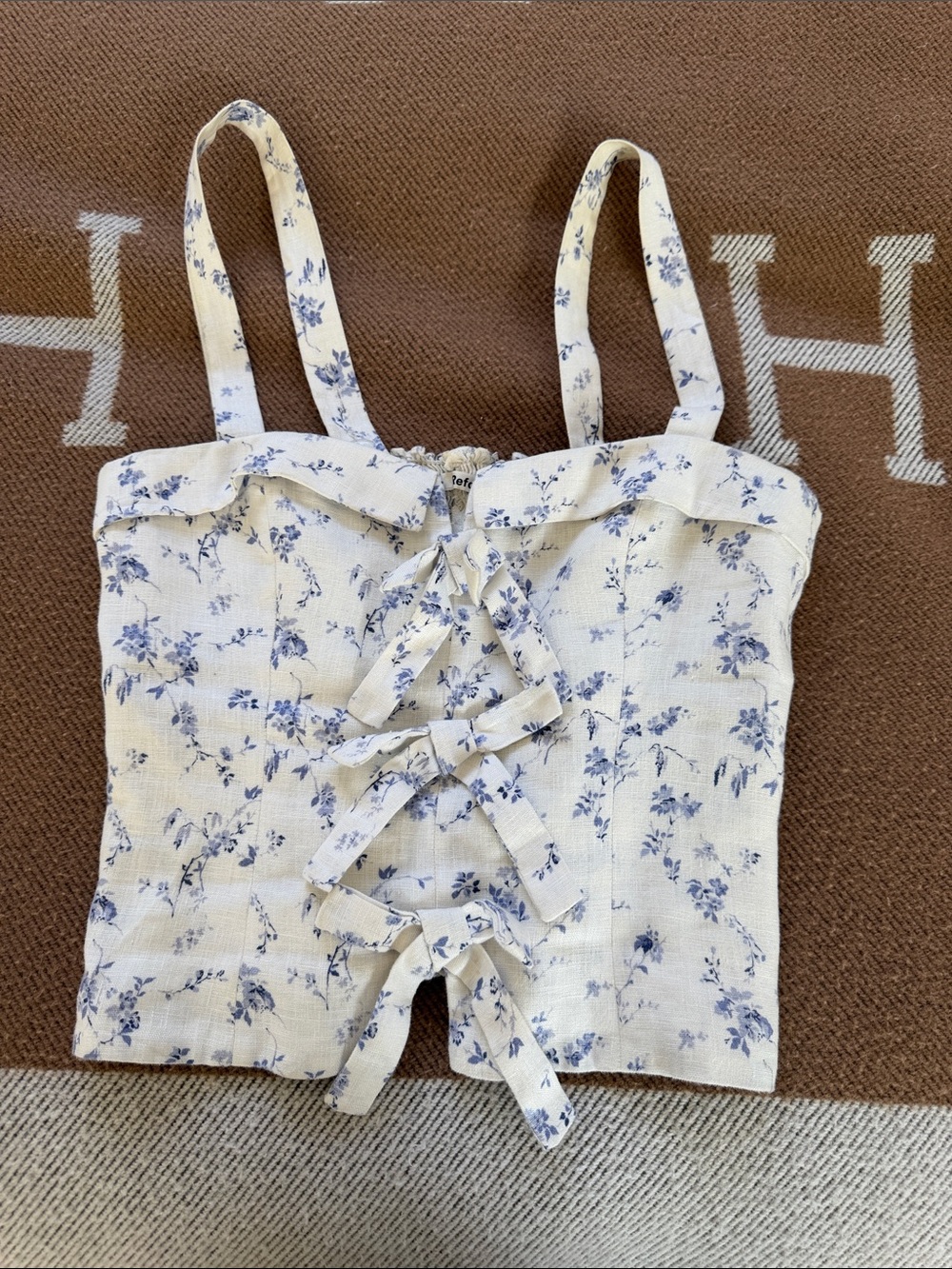 Reformation Cream Floral Lace-Up Cami with Blue Print